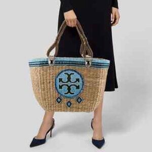 😍Tory Burch Blue and Tan Raffia Tote‼️